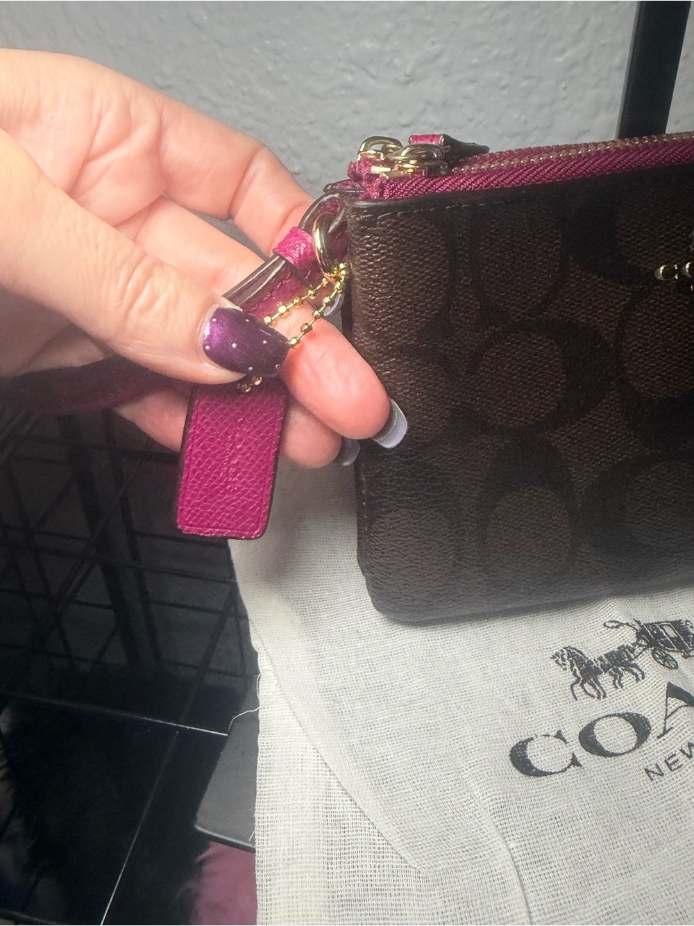 Coach Double Corner Zip Wristlet Brown Signature Fuchsia Pink Wristlet Wallet - Picture 5 of 7